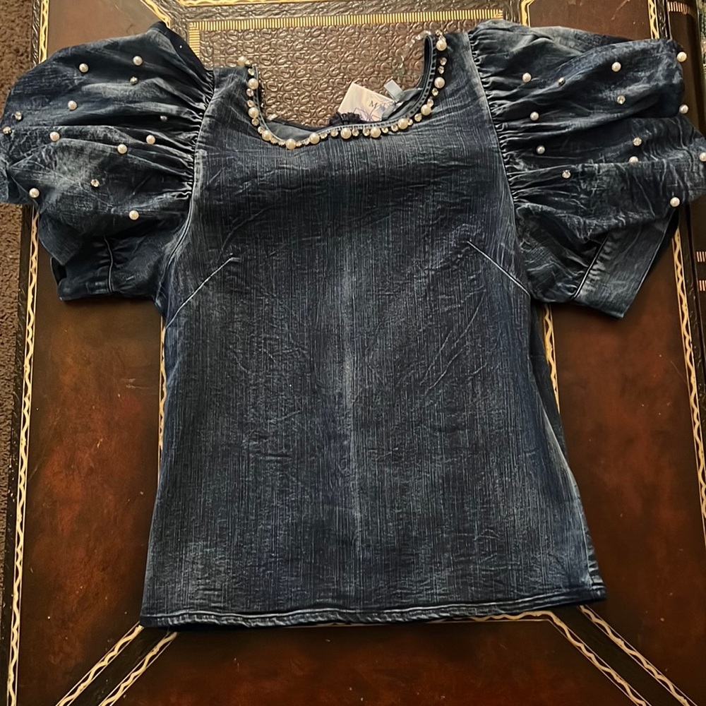 DENIM PUFF SLEEVE TOP WITH RHINESTONE AND PEARL ACCENTS